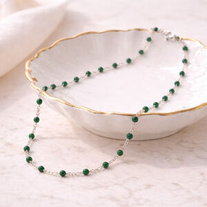 Necklace - 16” Stainless Steel Silver tone Necklace with Green Bead Accents